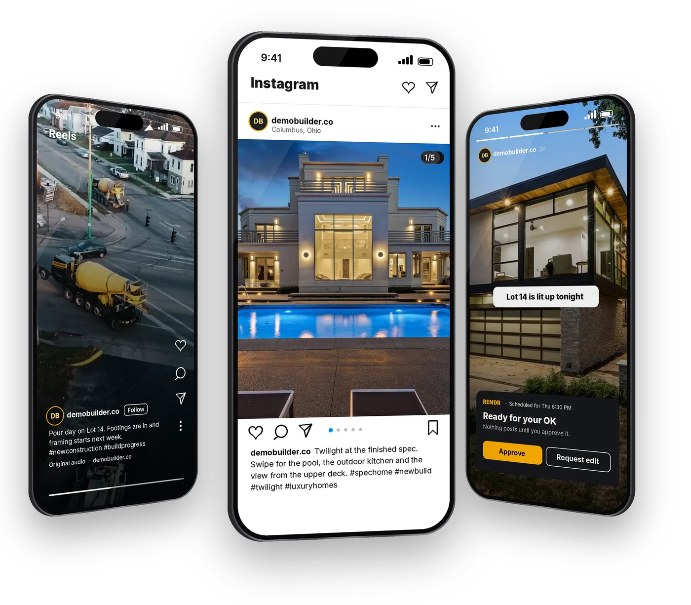 Three phones showing a demo builder account: a reel of a concrete pour, a finished twilight spec with pool, and a scheduled post waiting for the builder's approval.